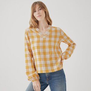 NWOT Pact Coastal Double Gauze Long Sleeve Top, Mustard Gingham - Size M